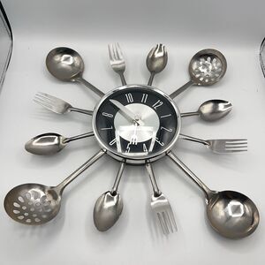 Vtg Timelike Wall Clock, 17" Metal Kitchen Cutlery Utensil Spoon Fork Wall Clock